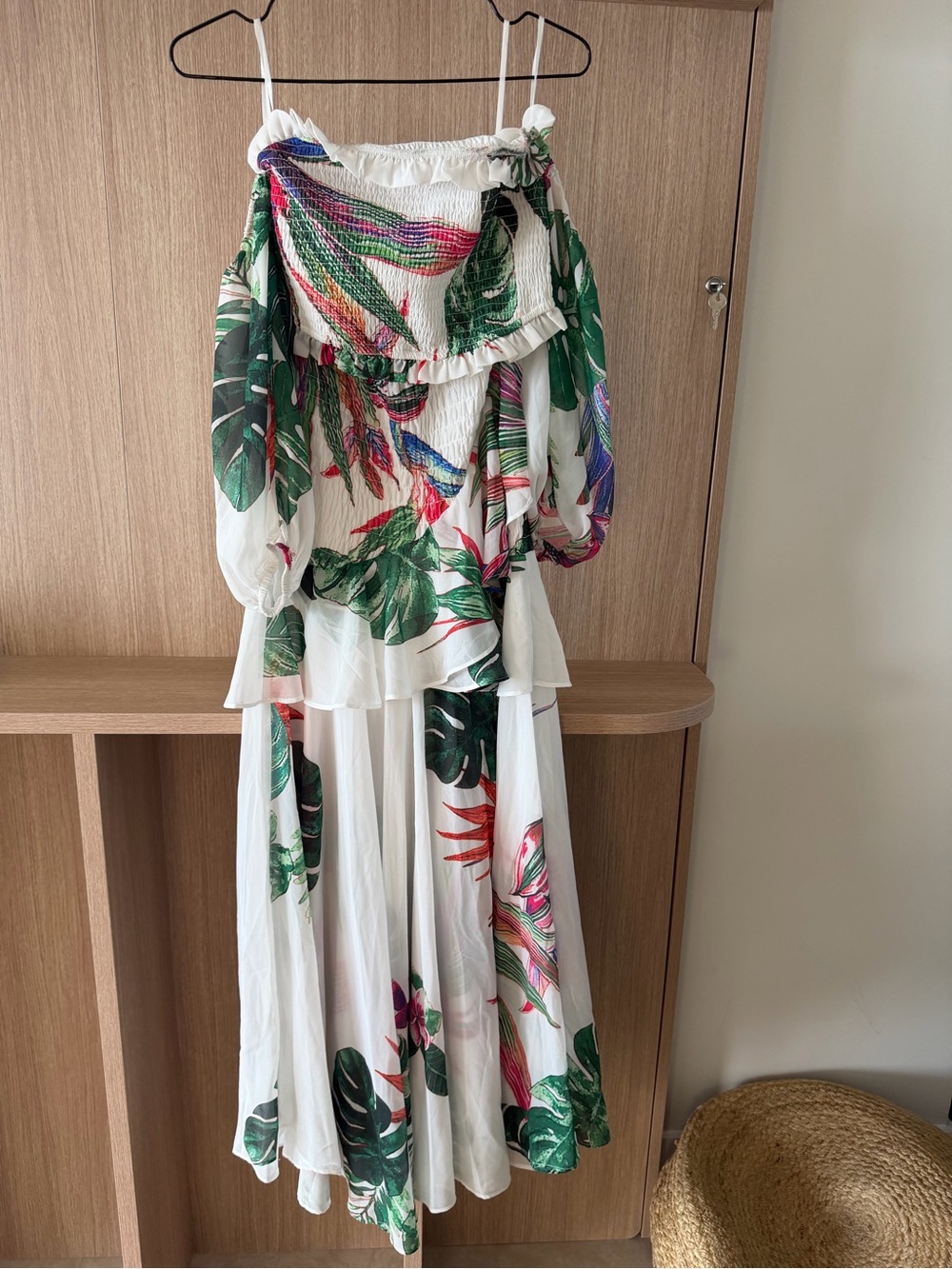 Banjul White Maxi Dress with Green Leaf and Pink Floral Print